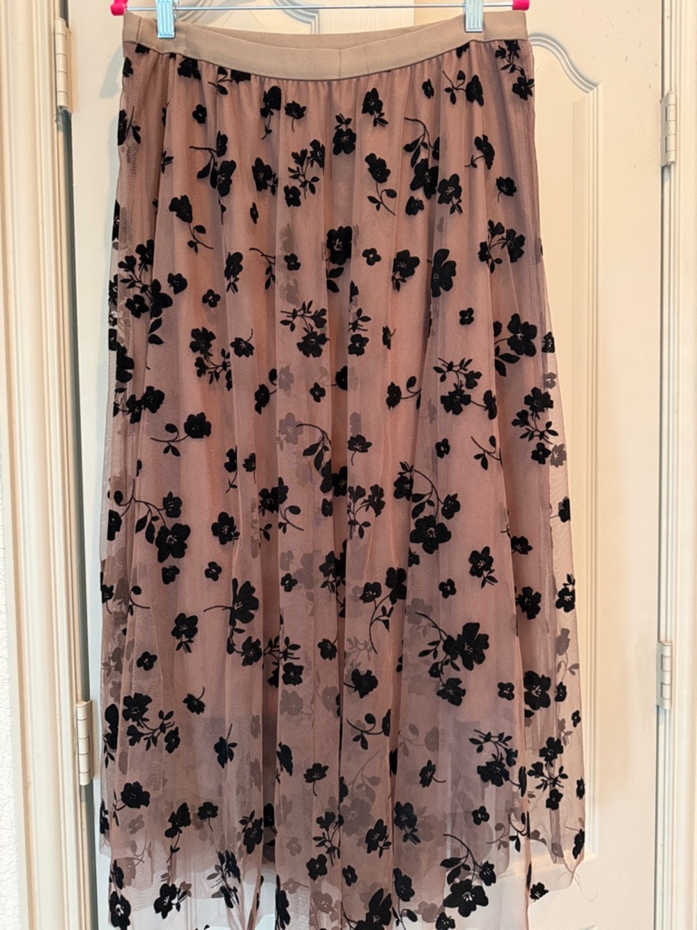 Midi Tulle Skirt with Black Floral Appliqué in Blush/Tan, Size XXL